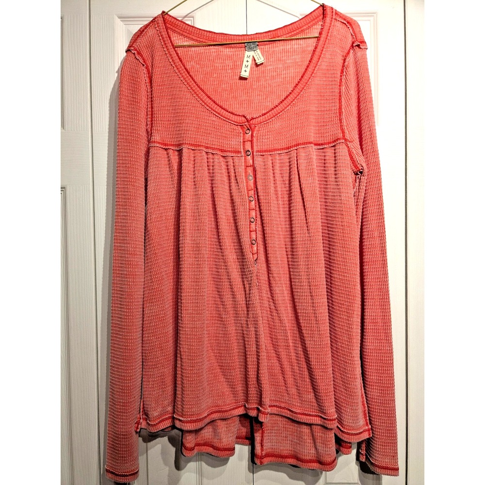 We The Free Top Womens Medium Pink Waffle Knit Thermal Henley Boho Long Sleeve